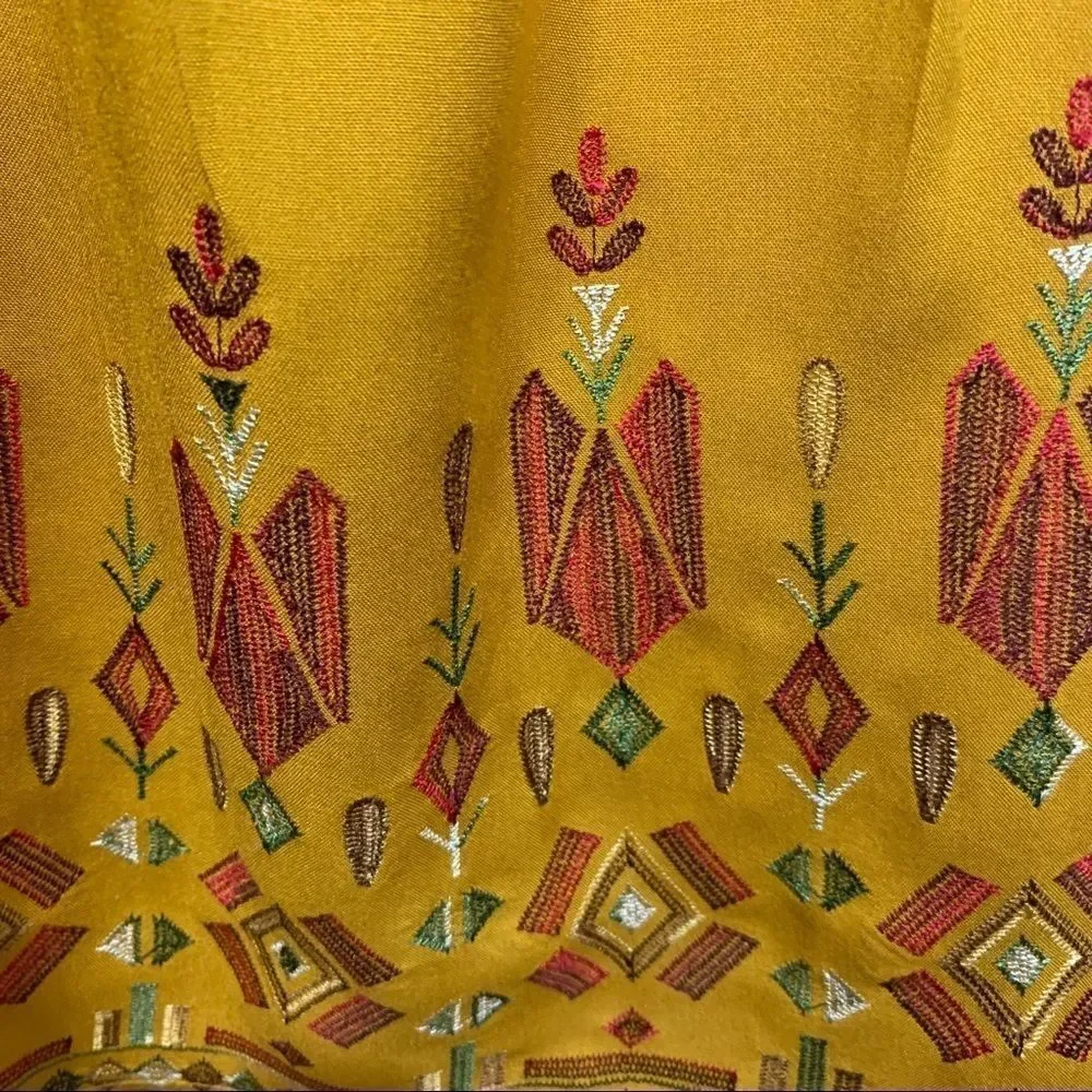 Beach Lunch Lounge Mustard Yellow Aztec Finely Embroidered Boho Dress - S‎